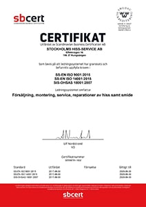 Stockholms Hiss-service certifikat