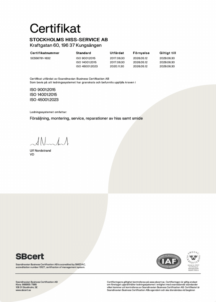 ISO Certifikat Stockholms Hiss-service AB